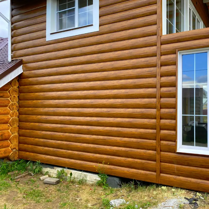 Фото 8 фасад из металлосайдинга Бревно Рубленое 4D Орех 3D Printech