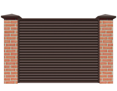 Секция забора жалюзи из ламелей Жалюзи ЭКО-Z RAL8017 Шоколад полиэфир. эмаль в цвет ПМ с кирпичными столбами анфас